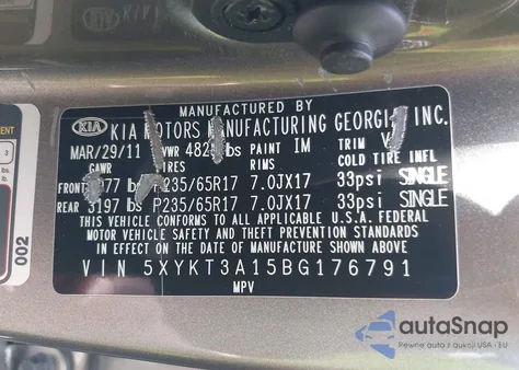 2011 Kia Sorento Lx from USA, damaged, VIN 5XYKT3A15BG176791